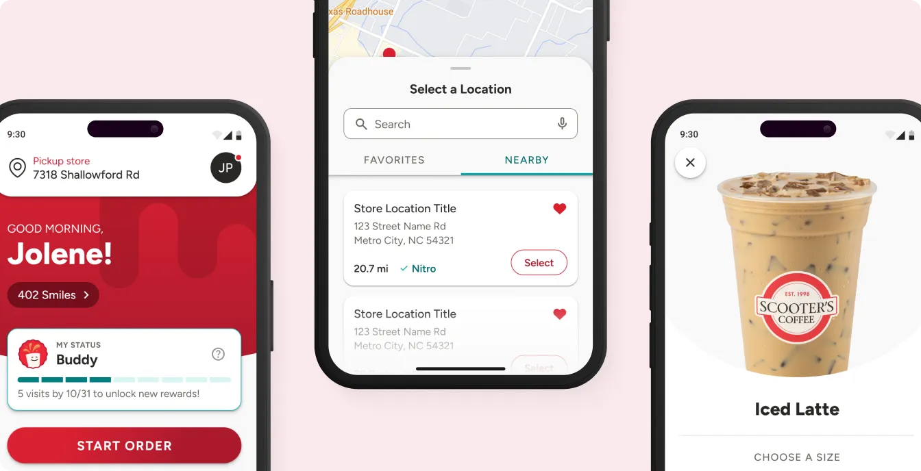 Scooter's Coffee app screens