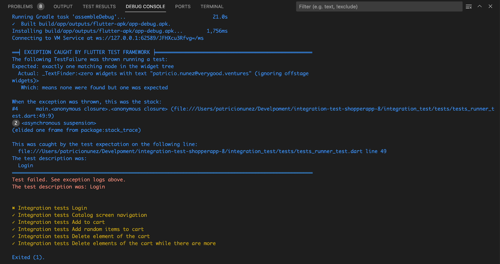 Flutter Integration Test console output showing verbose failure logs