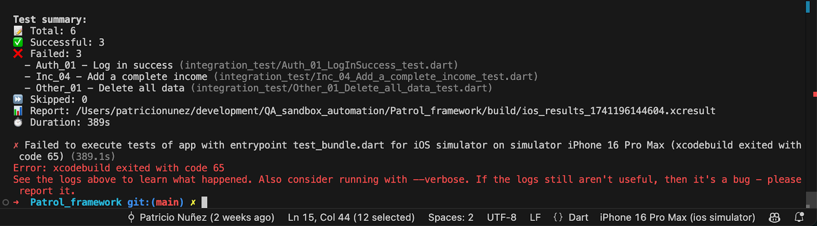 Patrol console output showing test failure summary