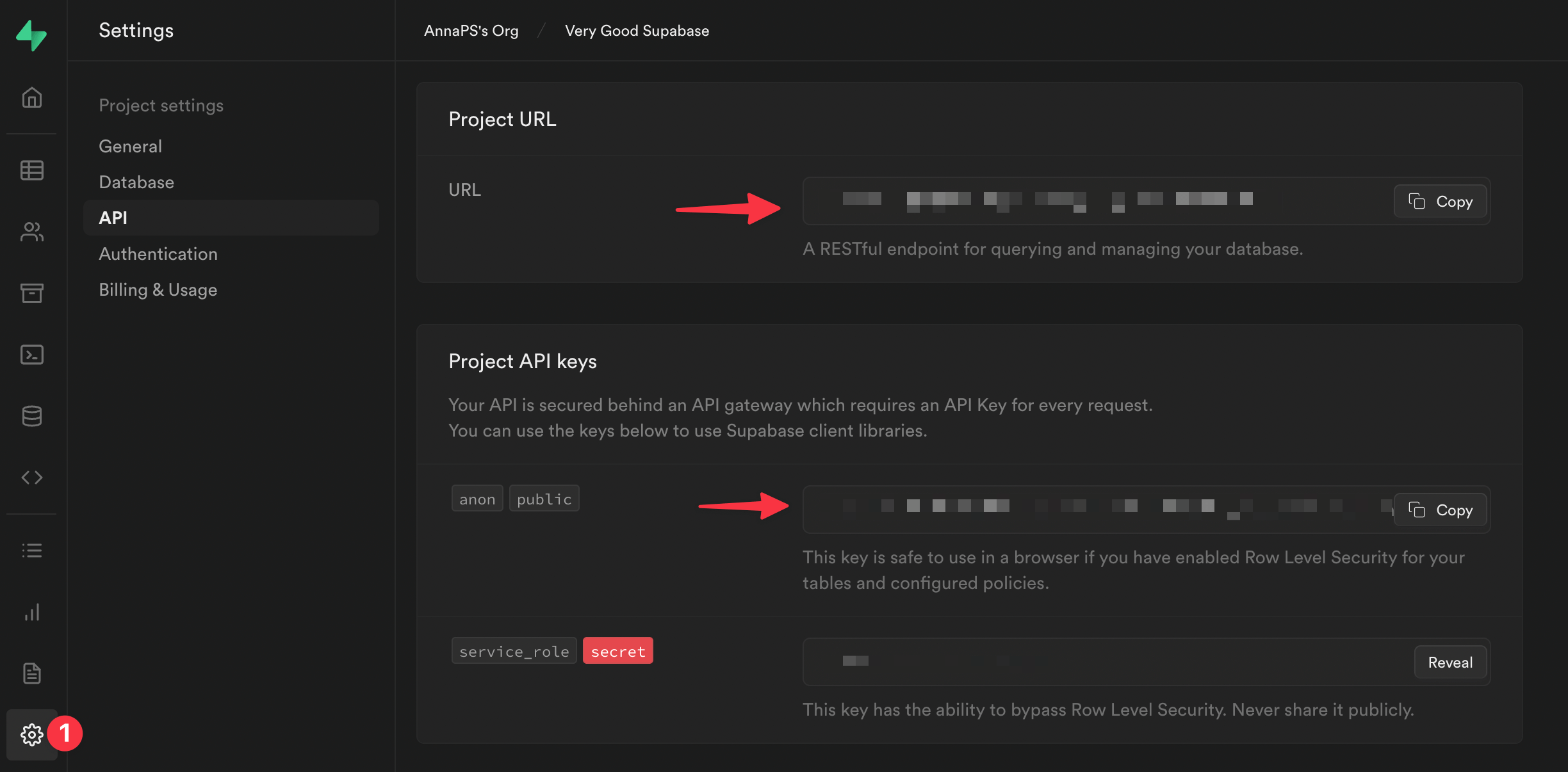 Supabase URL and Anon Key on project settings